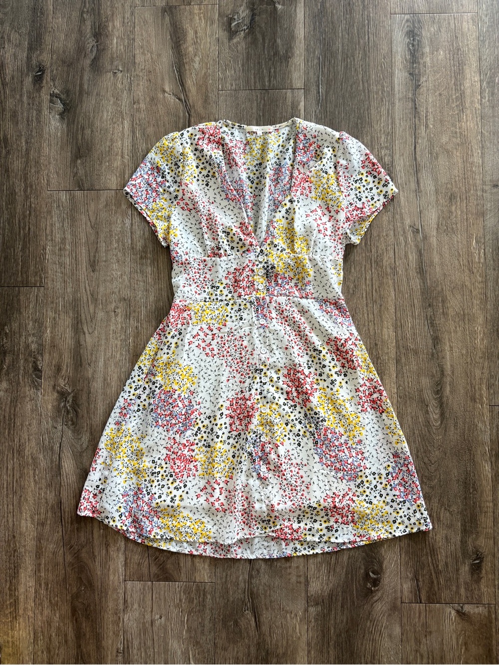 Le Lis White Floral V-Neck Short Sleeve Dress with Yellow & Pink Print